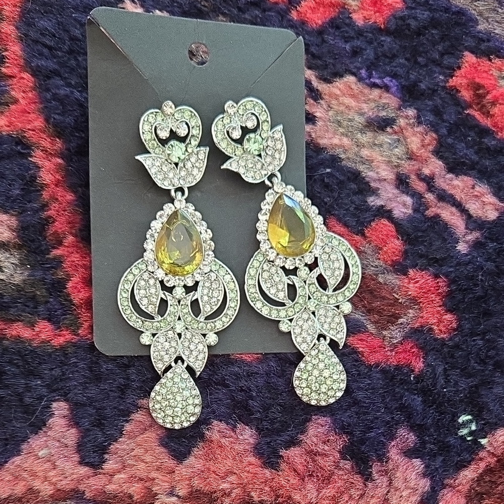 Rhinestone, Silver Tone Dangling Earrings